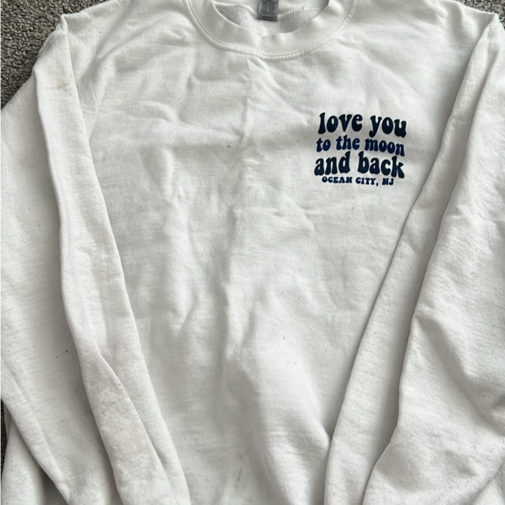 White Long Sleeve Shirt with Blue Text